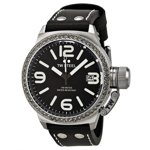 TW Steel Canteen 45mm Black Dial Crystal-set Bezel Black Leather Ladies Watch STW37 watches