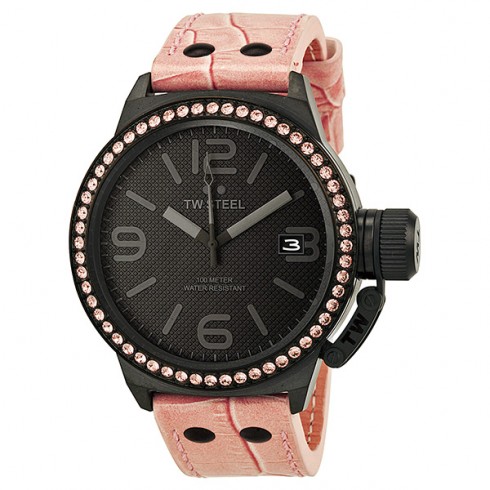 TW Steel Canteen 45mm Black Dial Crystal-set Bezel Pink Leather Ladies Watch TW911 watches