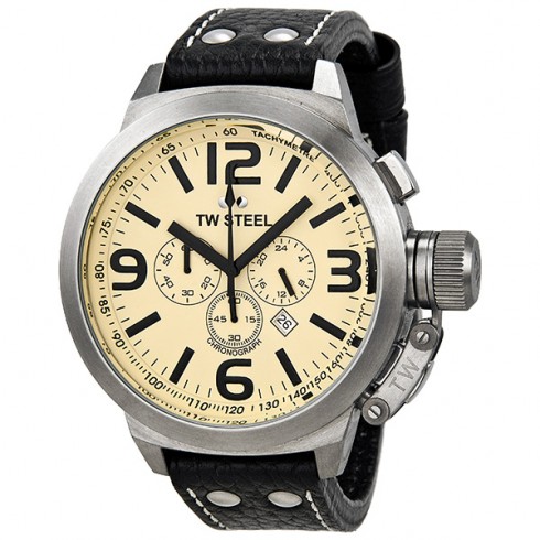 TW Steel Canteen 50mm Black Leather Strap Chronograph Men's Watch TW3 watches