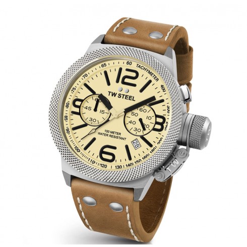 TW Steel Canteen Chronograph Cream Dial 45 MM Brown Leather Men's Watch CS13 watches