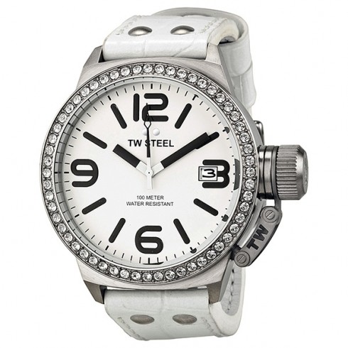 Replica TW Steel Canteen White Dial Swarovski Bezel White Leather Ladies Watch TW35 Watch