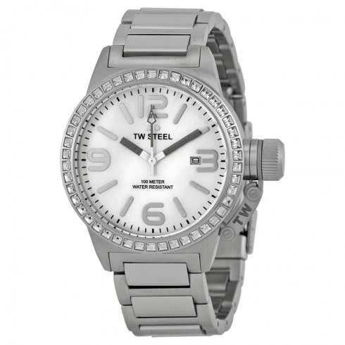 TW Steel Canteen White Mother of Pearl Dial Swarovski Bezel Ladies Watch TW302 watches