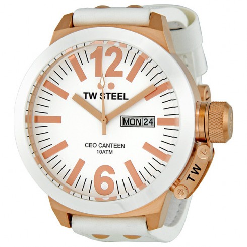TW Steel CEO Canteen 50 MM White Dial White Leather Strap Men's Watch CE1036 watches