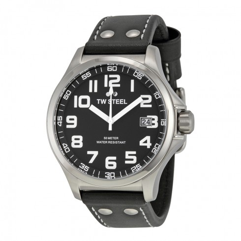 TW Steel Pilot Black Dial Stainless Steel Black Leather Men's Watch TW408 watches