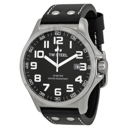 Replica TW Steel Pilot Black Dial Stainless Steel Black Leather Men's Watch TW409 Watch