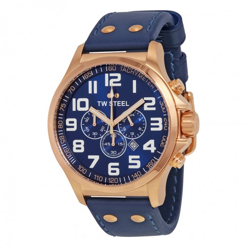 TW Steel Pilot Blue Dial Chronograph Rose Gold PVD Steel Blue Leather Men's Watch TW407 watches