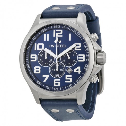 TW Steel Pilot Sunray Blue Dial Chronograph Stainless Steel Blue Leather Men's Watch TW402 watches
