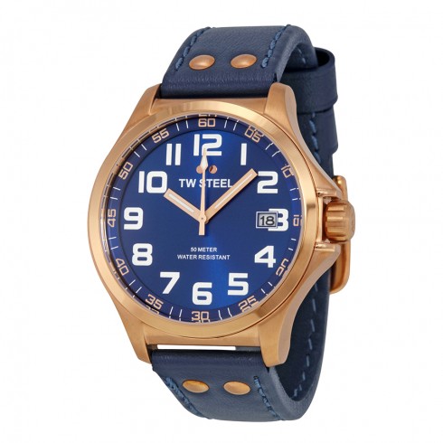 TW Steel Pilot Sunray Blue Dial Rose Gold PVD Steel Blue Leather Men's Watch TW404 watches