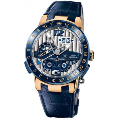 Ulysse Nardin El Toro GMT Silver Dial 18kt Rose Gold Blue Leather Men's Watch 326-00 watches