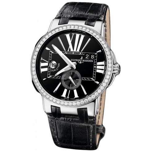 Ulysse Nardin Executive Dual Time Black Dial Diamond Bezel Black Leather mens Watch 243-00B-42 watches