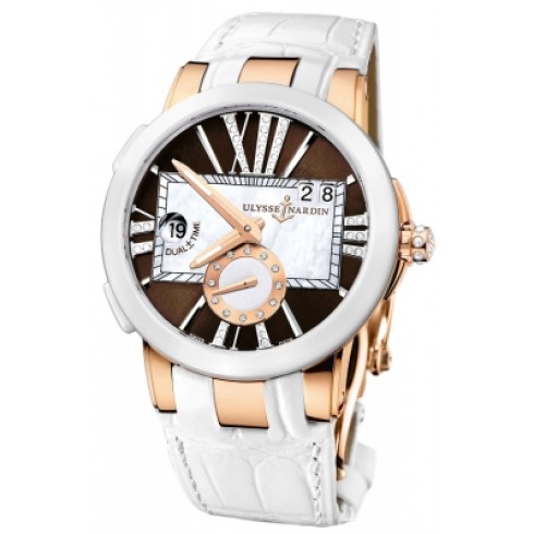 Ulysse Nardin Executive Dual Time Brown Dial White Alligator Leather Ladies Watch 246-10/30-05 watches