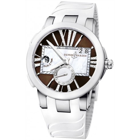 Ulysse Nardin Executive Dual Time Brown Leather Stainless Steel White Rubber Ladies Watch 243-10-3-30-05 watches