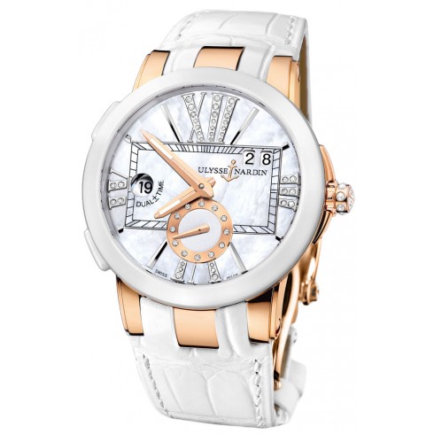Ulysse Nardin Executive Dual Time Mother of Pearl Diamond Dial 18kt Rose Gold White Leather Ladies Watch 246-10-391 watches