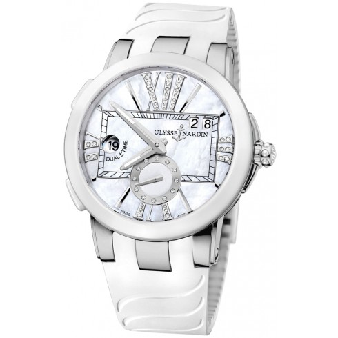 Ulysse Nardin Executive Dual Time Mother of Pearl Diamond Dial Stainless Steel White Rubber Ladies Watch 243-10-3-391 watches