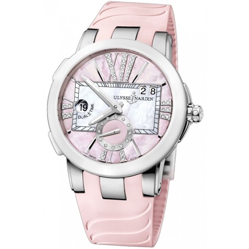 Ulysse Nardin Executive Dual Time Pink Mother of Pearl Dial Stainless Steel Pink Rubber Ladies Watch 243-10-3-397 watches