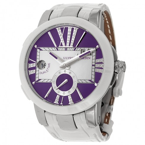Ulysse Nardin Executive Dual Time Purple Dial Diamond White Leather Ladies Watch 243-10-30-07 watches