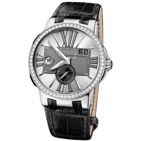 Ulysse Nardin Executive Dual Time Silver Dial Diamond Bezel Black Leather Men's Watch 243-00B-421 watches