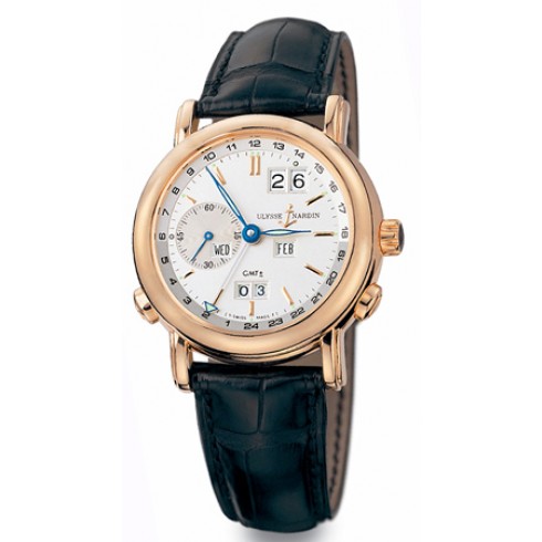 Ulysse Nardin GMT Perpetual Silver Dial 18kt Rose Gold Black Leather Men's Watch 326-22 watches