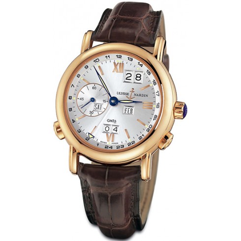 Ulysse Nardin GMT Perpetual Silver Dial 18kt Rose Gold Brown Leather Men's Watch 326-82-31 watches