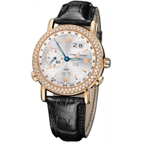 Ulysse Nardin GMT Perpetual Silver Dial Diamond Bezel 18kt Rose Gold Black Leather Men's Watch 326-28 watches