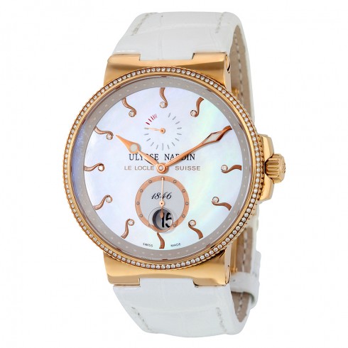 Replica Ulysse Nardin Marine Chronometer Automatic Mother of Pearl Diamond DIal 18kt Rose Gold White Leather Ladies Watch 266-66B-991 Watch