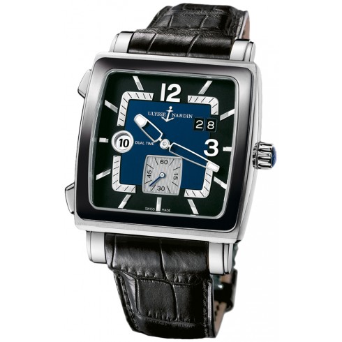 Ulysse Nardin Quadrato Blue and Black Dial Stainless Steel Black Leather Men's Watch 243-92CER-632 watches