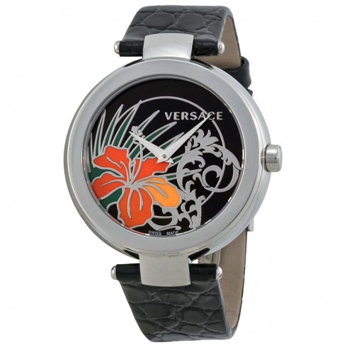 Versace Mystique Black Hibiscus Dial Black Leather Ladies Watch 19Q99D9HI-S009 watches