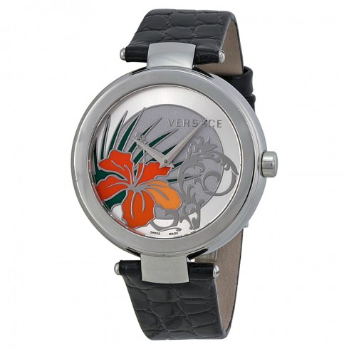 Versace Mystique Silver Hibiscus Dial Black Leather Ladies Watch 19Q99D1HI-S009 watches