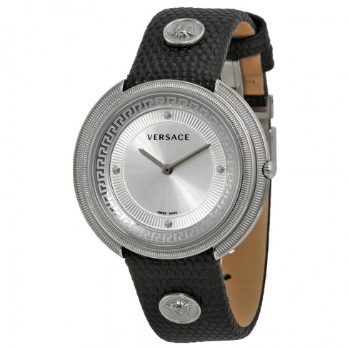 Versace Thea Silver Dial Black Leather Ladies Watch VA7010013 watches
