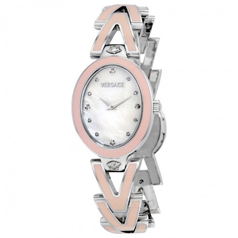 Versace V-Glam Mother of Pearl Diamond Dial Steel and Pink Enamel Ladies Watch 60QE5SD498-SE11 watches