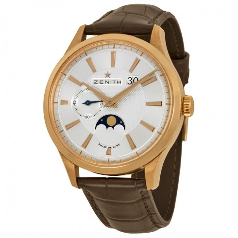 Zenith Captain Moonphase Silver Dial 18kt Rose Gold Brown Leather Men's Watch 18214069102C498 watches