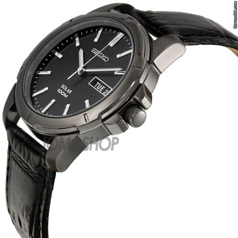 Seiko Black Dial Black Leather Band Solar Mens Watch SNE097 WATCHES 2