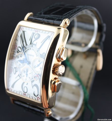 replica Franck Muller Long island Yellow gold chronograph crocodile strap WATCHES 1
