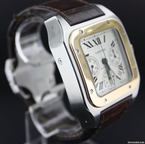 Cartier Santos 100 XL Chronograph Bi-Color Croco strap white dial WATCHES 2