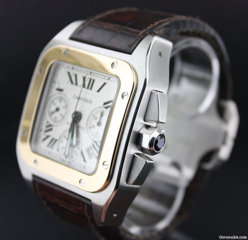 replica Cartier Santos 100 XL Chronograph Bi-Color Croco strap white dial WATCHES 1