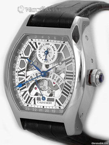 replica Cartier Tortue Perpetual Calendar - 46mm x 51mm Tonneau 18K White Gold with Skeleton Dial - W1580048 WATCHES 1