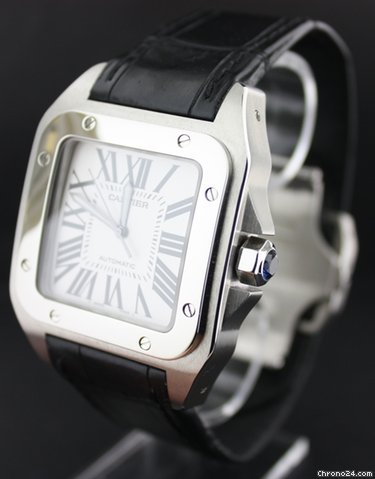 replica Cartier Santos 100 men's big size steel with black crocodile strap WATCHES 1